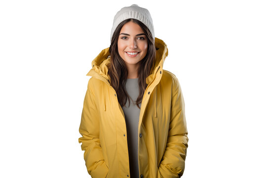 young woman in yellow parka with white hat, winter fashion