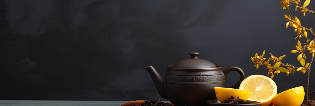 Traditional black teapot with lemon slices on dark backdrop. Winter relaxing moments. Design for cafe poster, banner with free space for text