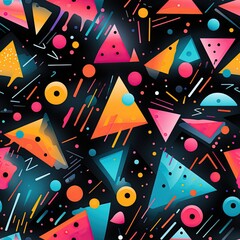 seamless pattern with multicolored geometric shapes on black background. Modern bright ornament for textiles and packaging paper
