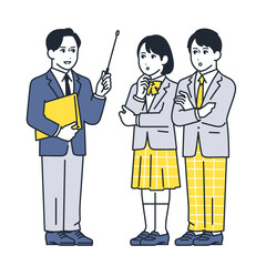 先生と男女の学生のシンプルな全身イラスト素材