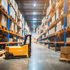 Retail warehouse full of shelves with goods in cartons, with pallets and forklifts. Logistics and transportation blurred background. Product distribution center