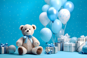 birthday party balloons, colourful balloons background with teddy bear and birthday cake with candles