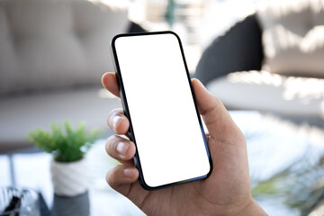 Male hands hold phone isolated screen in cafe in office