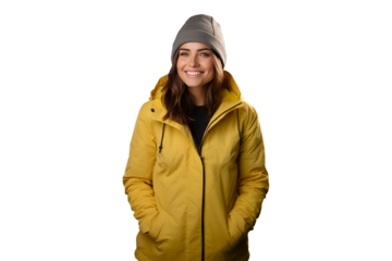 young woman in yellow parka jacket with hat, winter fashion