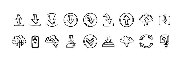 Download and upload file doodle icons set. Hand drawn sketch interface buttons. Cloud data server technology. Digital storage arrow pictogram.