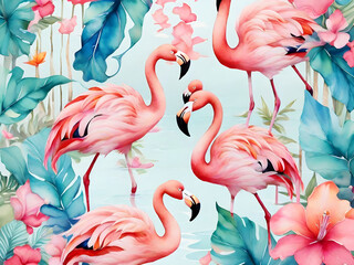 watercolor digital wallpaper painting of a flamingo bird jungle and leaves tropical forest texture drawing decoration vintage background. Generative AI - obrazy, fototapety, plakaty