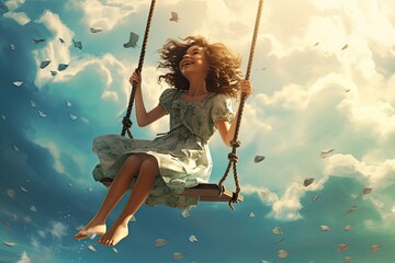 Young girl on swing soaring high against sky backdrop with floating pages. Surreal fantasy and freedom. - obrazy, fototapety, plakaty
