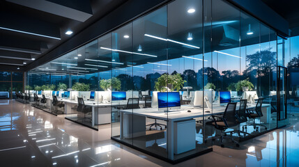 Beautiful photo of a clean and cozy office with big windows. Lots of sunlight creates a pleasant working atmosphere in a large open office space