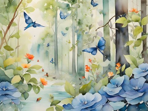 watercolor digital wallpaper painting of a forest landscape with birds, jungle and leaves tropical forest butterflies and trees, texture drawing decoration vintage background. Generative AI