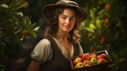 Gardener woman holding a box of red apples in the garden in the morning.