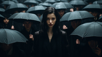 woman stand in crowd of people with black umbrellas - obrazy, fototapety, plakaty