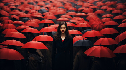 woman stand in crowd of people with red umbrellas