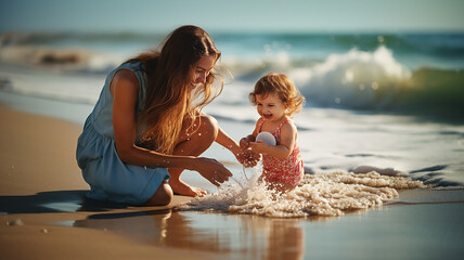 mother plays with her adorable son at the beach - obrazy, fototapety, plakaty