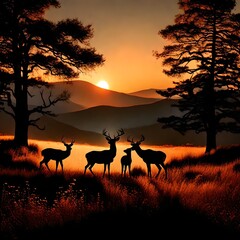 Fototapeta na wymiar deer silhouette against a beautiful summer dusk sunset