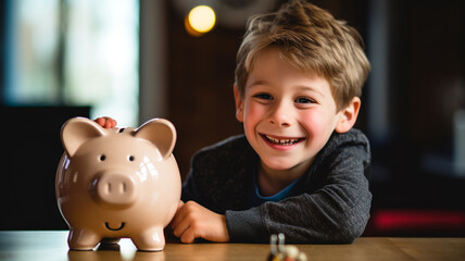 Happy boy storing money in piggy bank