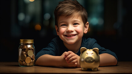 Happy boy storing money in piggy bank - obrazy, fototapety, plakaty