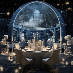 Observatorium im Weltall im artdeco Stil mit festlichem opulenten gedeckten Tisch zu Weihnachten