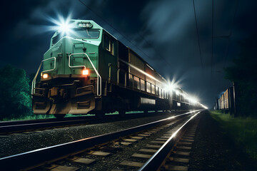 Long exposure photo of a train in motion. Rail freight transportation concept