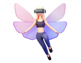 Cartoon character wearing vr glasses headset, body floating in cyberspace. Concept of immersion and metaverse. AI generated.