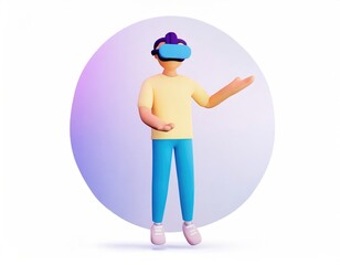 Cartoon character wearing vr glasses headset, body floating in cyberspace. Concept of immersion and metaverse. AI generated.
