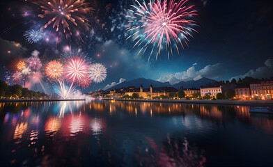 Fototapeta premium Experience the thrill and wonder of a festival fireworks display, with each explosion and burst captured in breathtaking detail by an AI-generated image