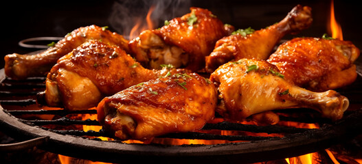 Grilled chicken wings on the flaming grill with grilled vegetables in barbecue sauce with pepper...