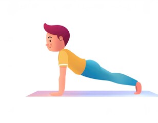 3D Character practicing yoga doing push and press ups plank pose. AI generated.