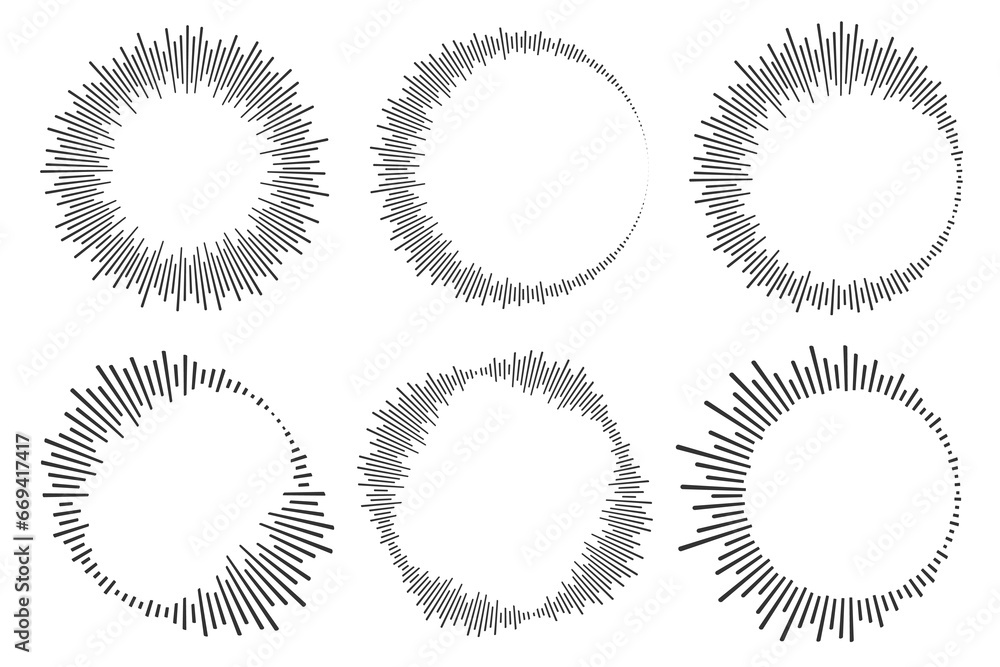 Poster circle sound wave. audio music equalizer. round circular icons set. spectrum radial pattern and freq