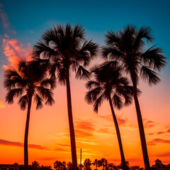 Fototapeta na wymiar Silhouette of Palm trees in a vivid sunset. Summer vibes with an 80ies or 70ies feeling. Concept of warm summer nights and tropical sunsets. Shallow field of view.