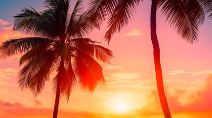 Fototapeta na wymiar Silhouette of Palm trees in a vivid sunset. Summer vibes with an 80ies or 70ies feeling. Concept of warm summer nights and tropical sunsets. Shallow field of view.