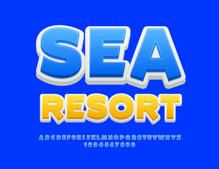 Vector advertising poster Sea Resort. Modern Blue 3D Font. Creative Alphabet Letters and Numbers set