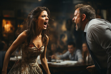 A man and a woman are brawling in a bar. A married couple in a quarrel.