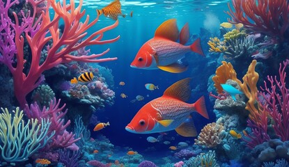 Naklejka na ściany i meble A Vibrant Underwater World of Colorful Tropical Fishes. A Look into the Diverse and Complex Ecosystem of the Ocean. Generative AI