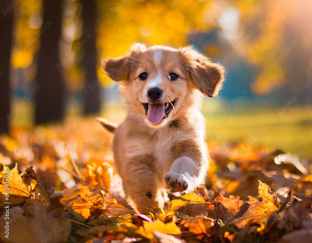 Wall mural Funny happy cute dog puppy running, smiling in the leaves. Golden autumn fall background