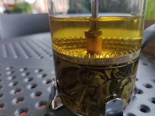 Green tea in a transparent glass kettle background. Tea close view