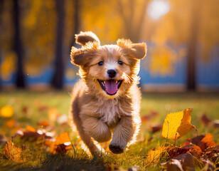 Funny happy cute dog puppy running, smiling in the leaves. Golden autumn fall background