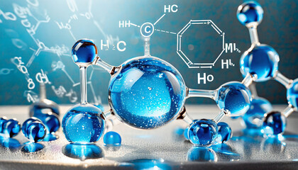 Hyaluronic acid molecules. Hydrated chemicals, molecular structure and blue spherical molecule. Microscope h2o water molecules, hyaluron acides in chemical laboratory - obrazy, fototapety, plakaty