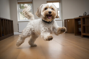excited white maltese dog running to greet at the door, interior wooden floors - obrazy, fototapety, plakaty