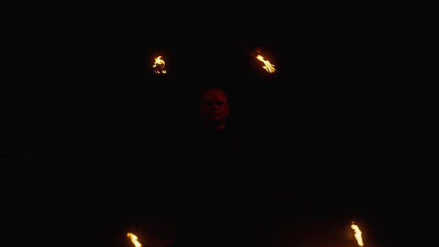 Professional Circus Performers Performing Acrobatics Tricks And Fire Show, Slow Motion, King Of Fire