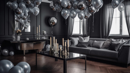 Elegant New Year's Eve Celebration Birthday : Beautifully Decorated Apartment with Silver Balloons