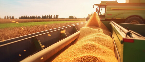 Harvester pouring freshly harvested corn maize seeds or soybeans into container trailer near, closeup detail, afternoon sunshine. Agriculture concept.  AI