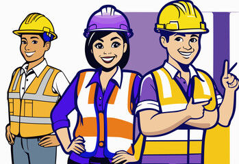 Image of a happy construction worker Wearing a Hard Hat and construction outfits