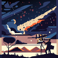 Landscape of the night sky with stars and shooting stars. Vector illustration AI generated