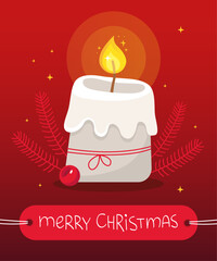 Greeting card for Christmas and New Year. Burning white Christmas candle on a red background. Fir tree branches and small gold stars. The inscription 