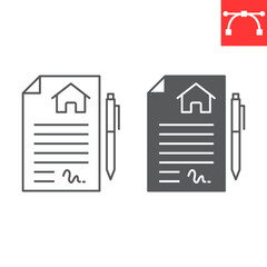 Lease contract line and glyph icon, real estate and signature, house agreement vector icon, vector graphics, editable stroke outline sign, eps 10.