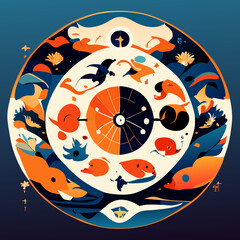 Fototapeta premium Illustration of a circle with fish and birds on a blue background Generative AI