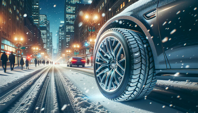 雪の降る年の瀬の街中をスタッドレスタイヤで安全に走る車両