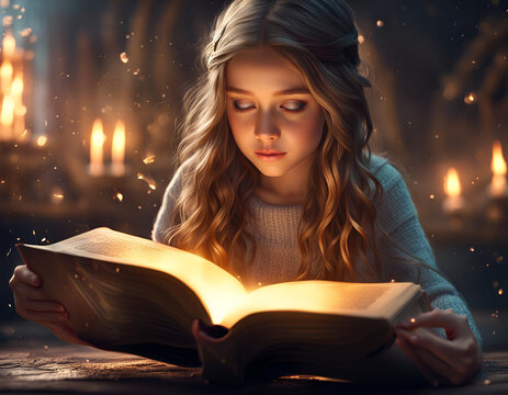 Young girl reading a magic book in the dark room. Concept of reading magic and imagination. Digital illustration. CG Artwork Background