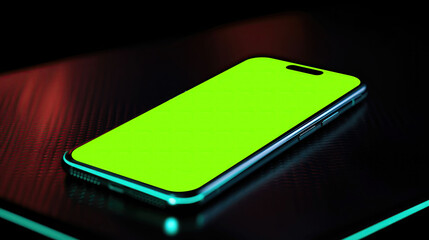 Green Screen futuristic mobile phone on a desk with cyber punk futuristic neon lighting and dark background, suitable for mock up edit. Generative AI