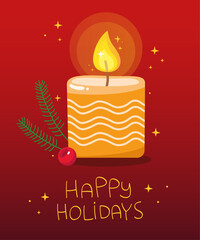 Greeting card for Christmas and New Year. Burning gold candle on a red background. The inscription "Happy holidays". Home decor, aromatherapy, relax. Gold stars, fir tree branches and a red berry.